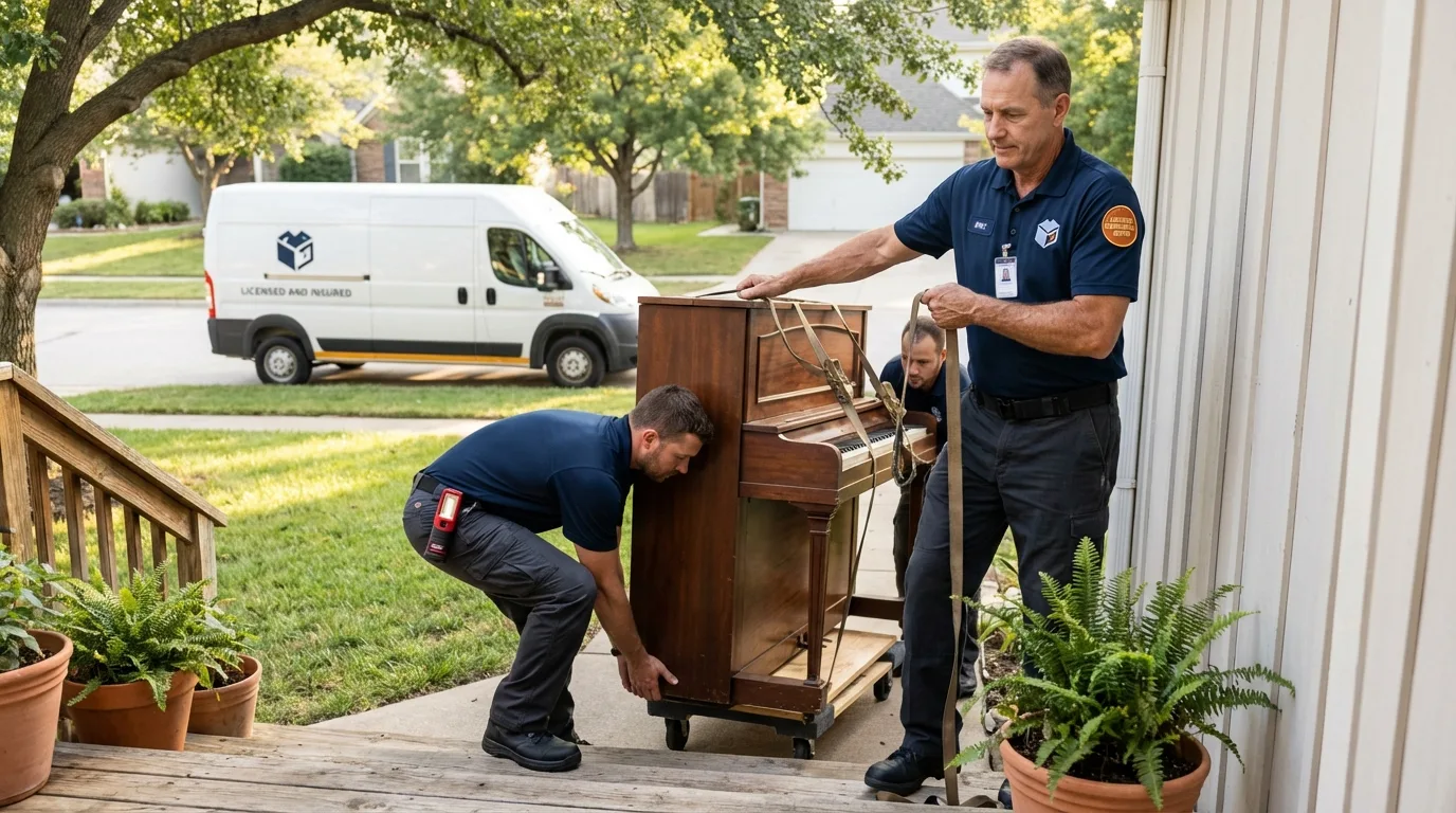 Licensed piano movers securing grand piano in New Durham, NH