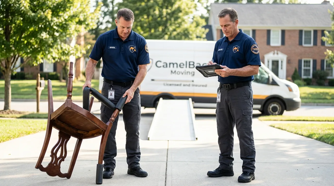 Movers inspecting furniture for damage prevention before loading in New Durham, NH