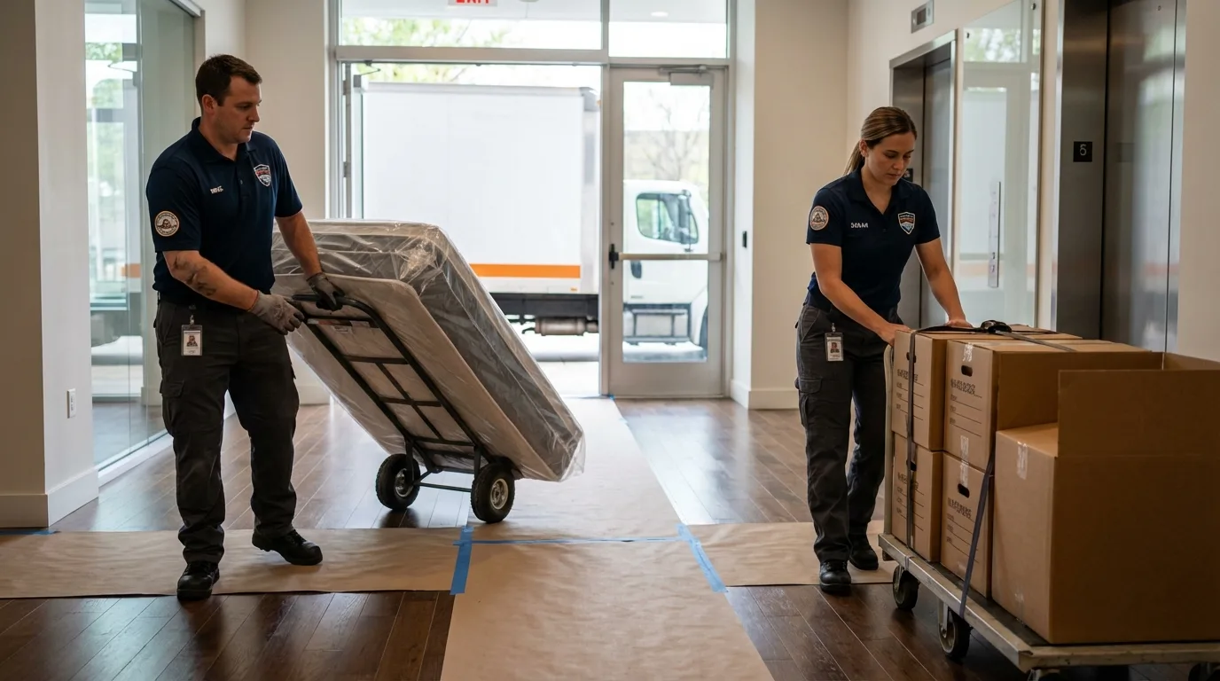 Professional apartment movers loading elevator in New Durham, NH