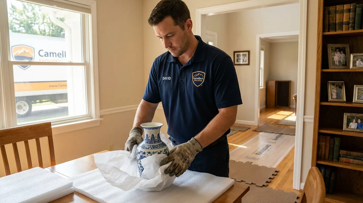 Professional crew carefully wrapping antique vase for senior downsizing move in New Durham, NH