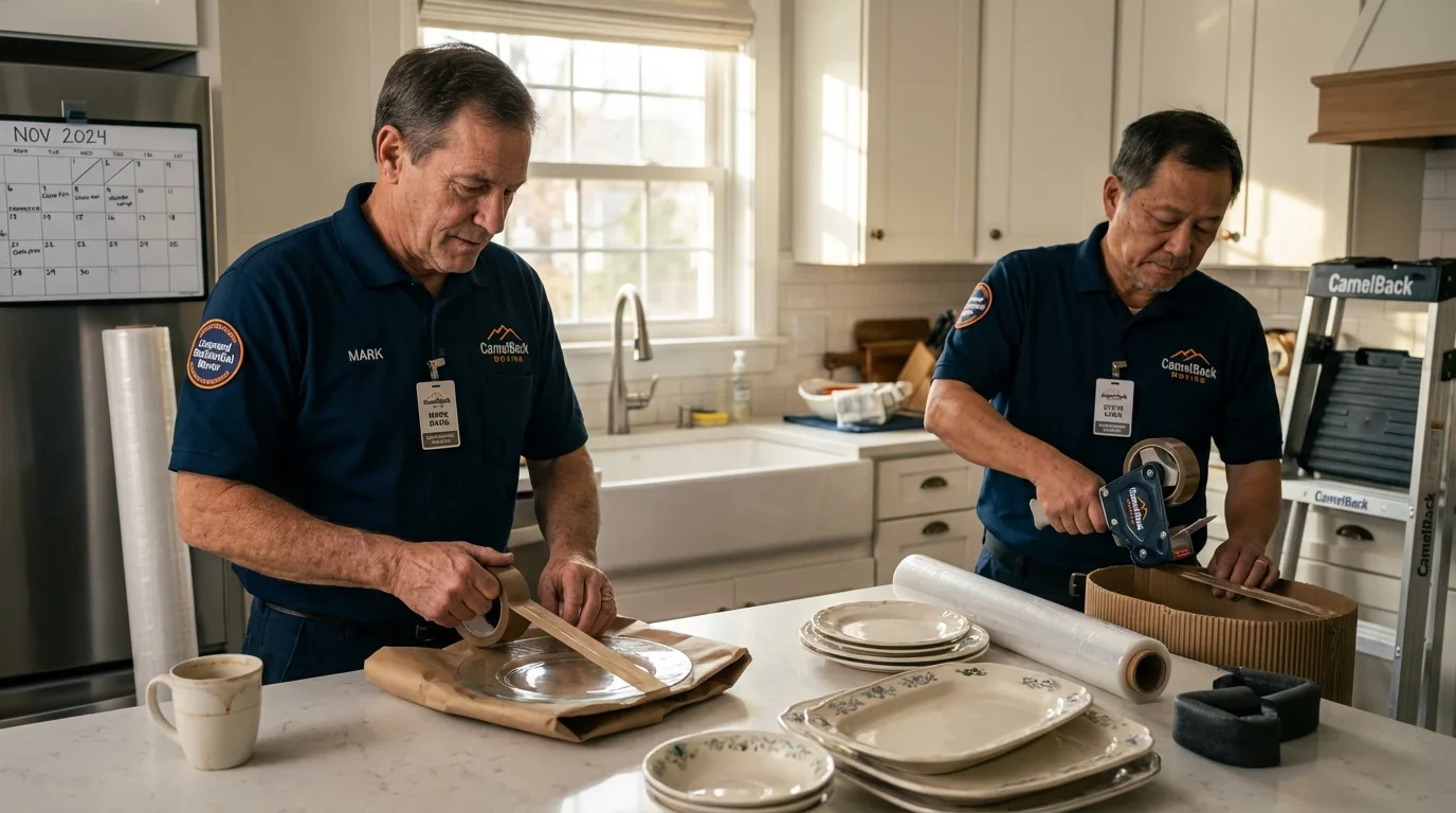 Professional crew packing kitchen dishware in New Durham, NH